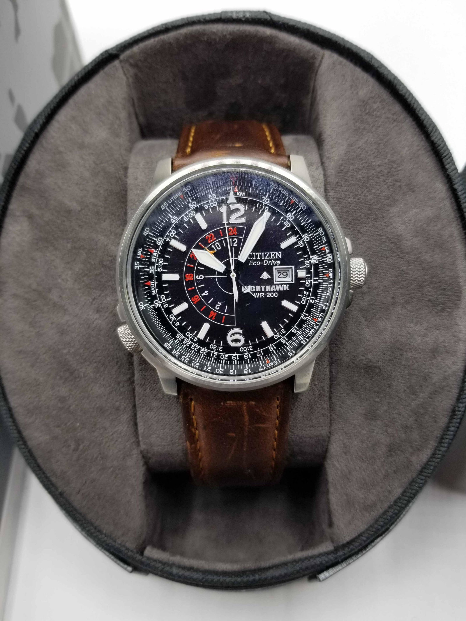 Pre-Owned Citizen Nighthawk Eco-Drive Men's Watch: Pre-Owned Citizen Nighthawk Eco-Drive Men's Watch. wear/worn/light scratches but in overall good condition. Comes with original box. Watch is currently running and must be exposed to sunlight/artifici
