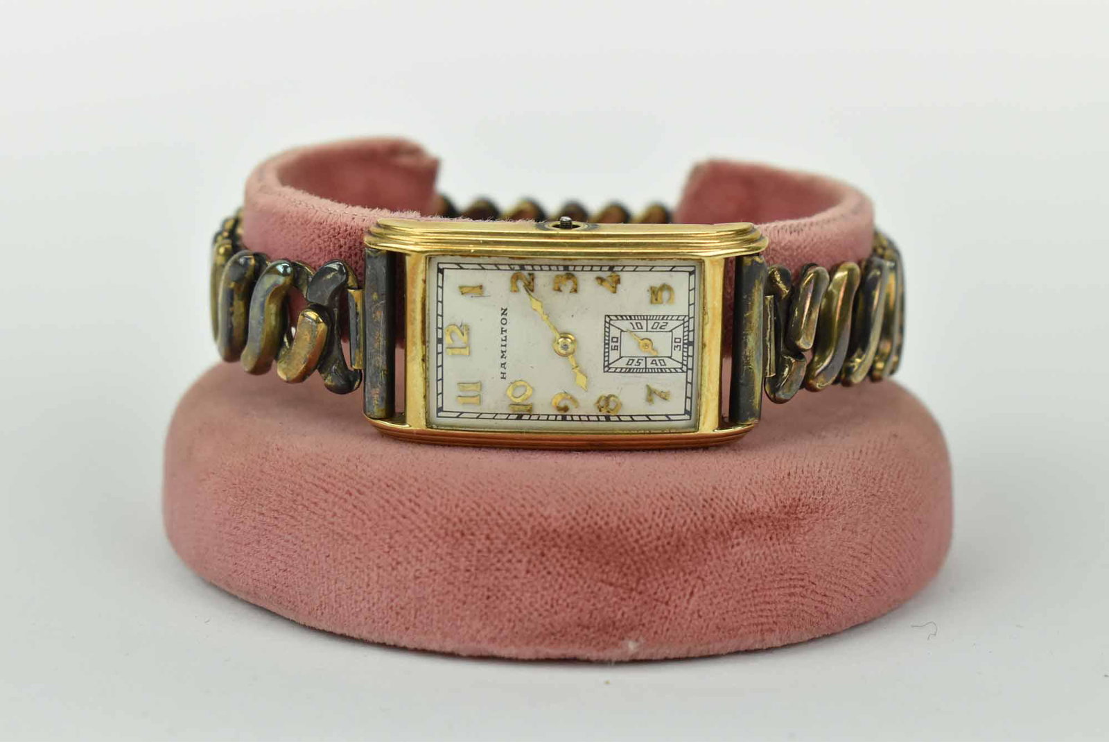 Vintage Hamilton 14kt Gold Watch: Vintage Hamilton 14kt Gold Watch, verso reads 14K. Sold Gold with gold filled top and back 800 silver band, inscribed on verso; used condition, wear/worn, missing winder, unknown working condition