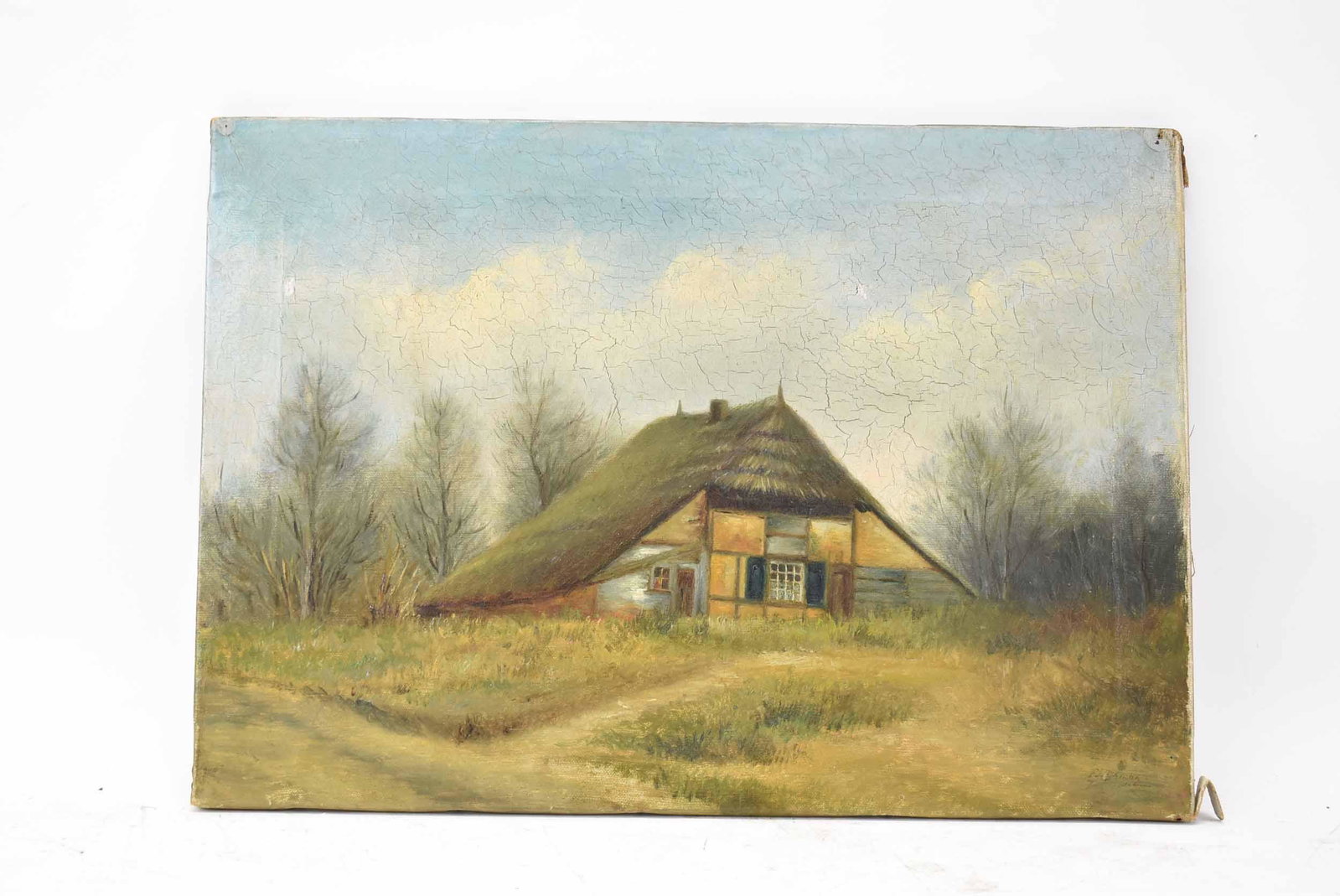 Oil On Canvas of Dutch Home in Landscape: Oil On Canvas of Dutch Home in Landscape signed lower right FJ Dykman Ole Hann?. Used condition, pin holes, cracklure, wear spots to canvas. 13" tall x 18 1/2" long