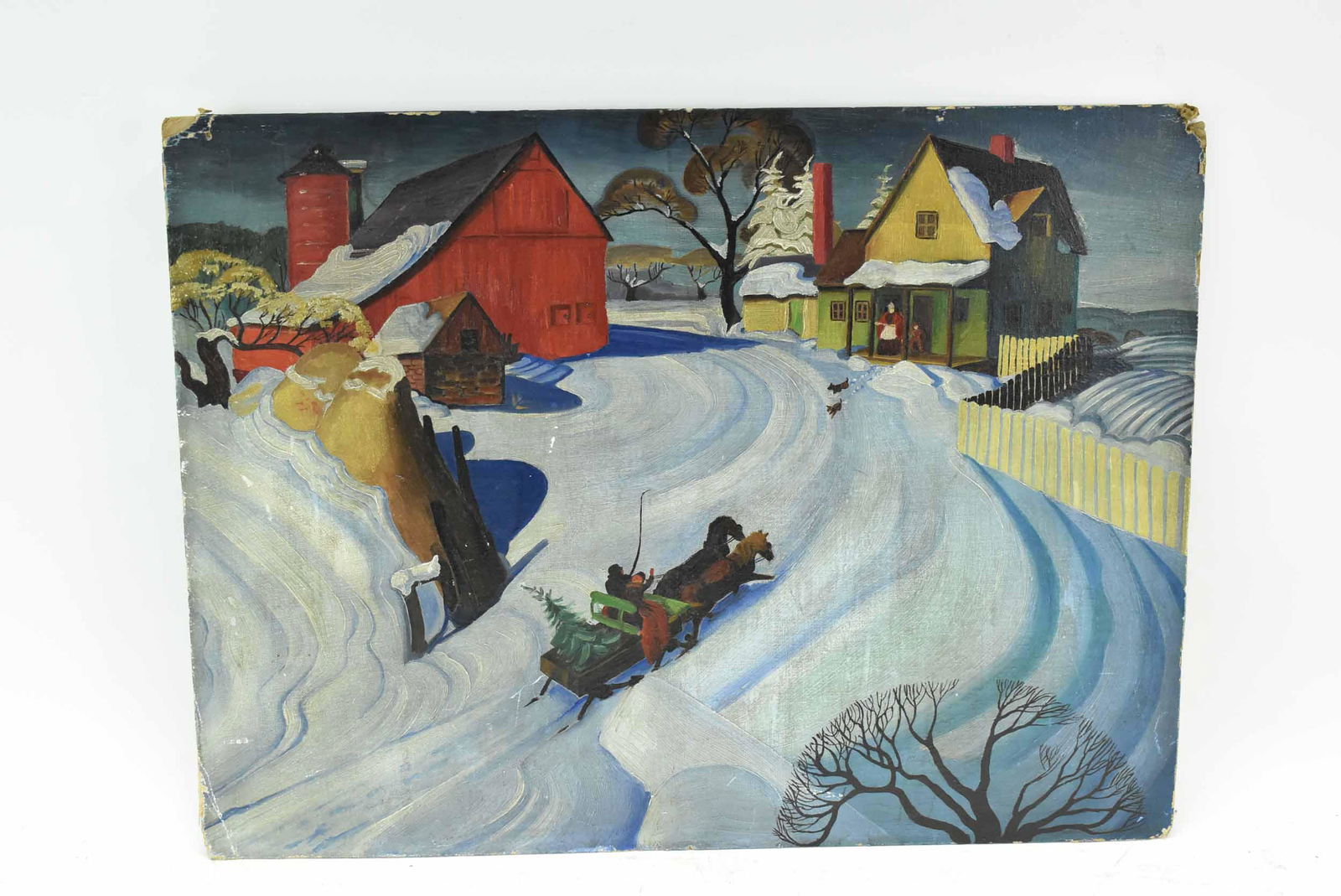Folk Art Style Oil on Board of Winter Landscape. (1 of 10)