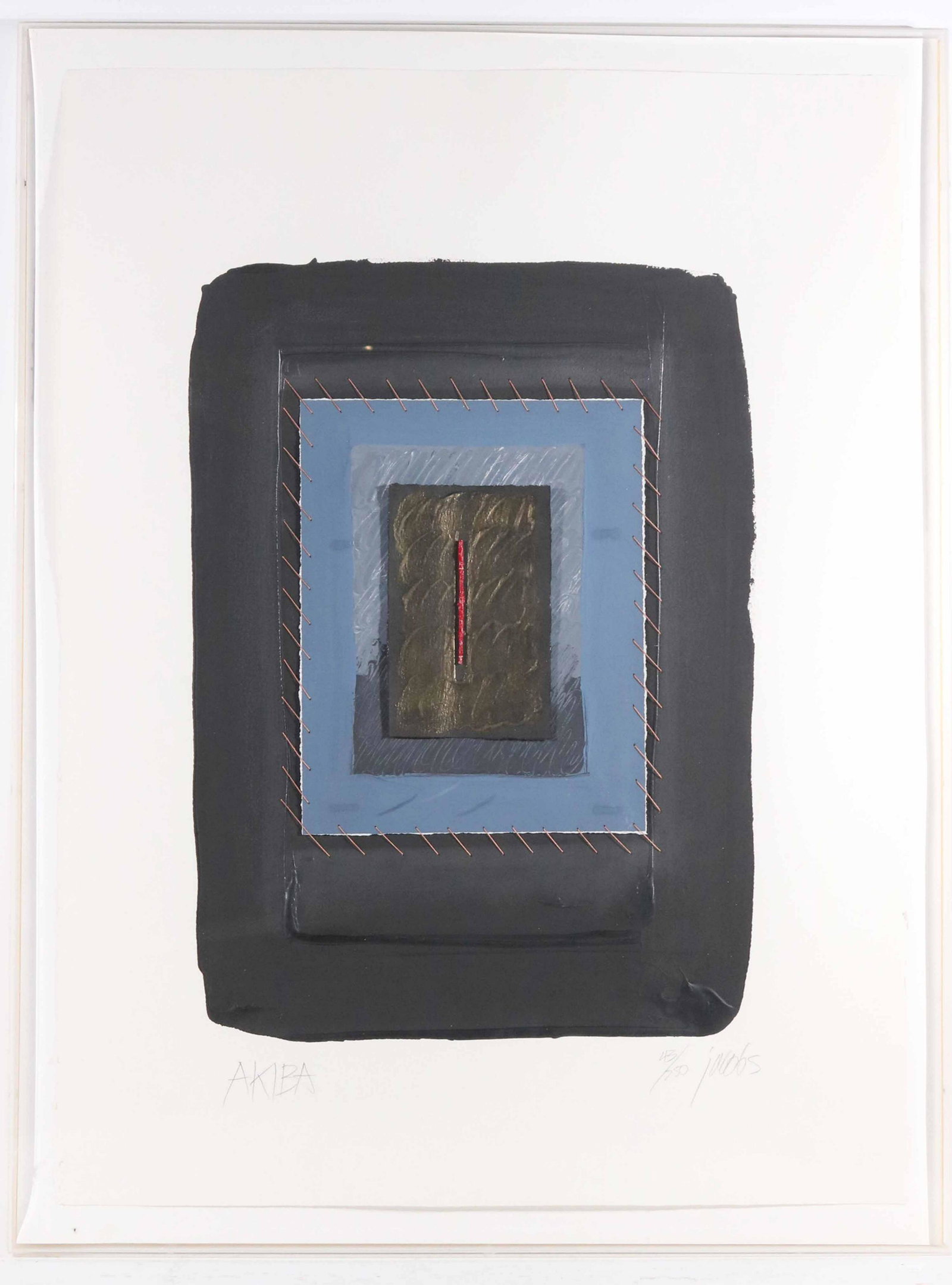 Abstract Collage, "Akiba" Harold Jacobs: (American, b. 1932) collage incorporating gold thread and paint in layers on paper. Paper size: 30"h x 20-1/2"w Overall: 32-1/2"h x 35"w Provenance: Property from a Prominent East Coast Collection.