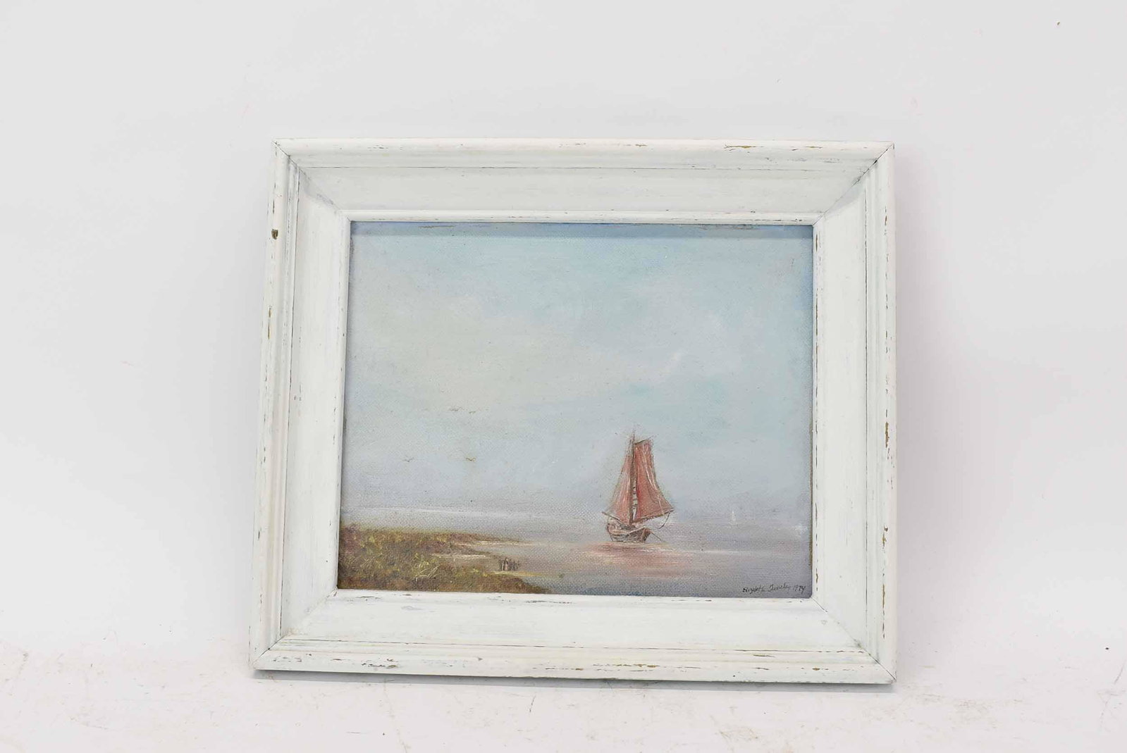 Oil on Board of Sailing Ship in Marsh: Oil on Board of Sailing Ship in Marsh, signed lower right Elizabeth Finelay 1974. Used condition, framed size 10 3/4" tall x 12 1/2" long