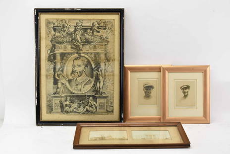 Enea Vico Engraving of Charles V: Enea Vico Engraving of Charles V. Together with a vintage photograph of the White House, and two Swoffer prints of boys. Used condition wear, worn, Vico engraving has foxing, repairs, mounted, creases