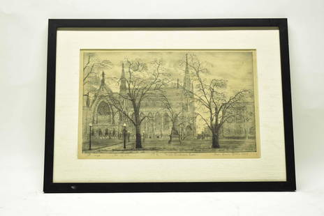 Leon Louis Dolice Etching Mt Vernon Place Church: Leon Louis Dolice Etching of Mount Vernon Place Church, M.E., Baltimore, Signed In plate and in pencil, inscribed "To W. Christianns Kriens" and numbered 2 of 50. Dated 1924. Used condition, wear, wor