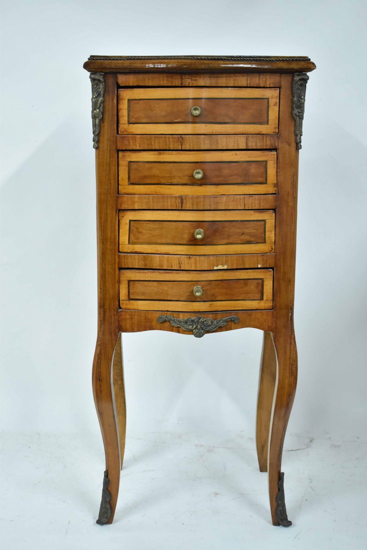 Fruitwood Inlaid Bedside Table: Fruitwood Inlaid Bedside Table having four drawers with inlaid shape top. Used condition, wear, worn. 32" tall x 10" deep x 14" wide