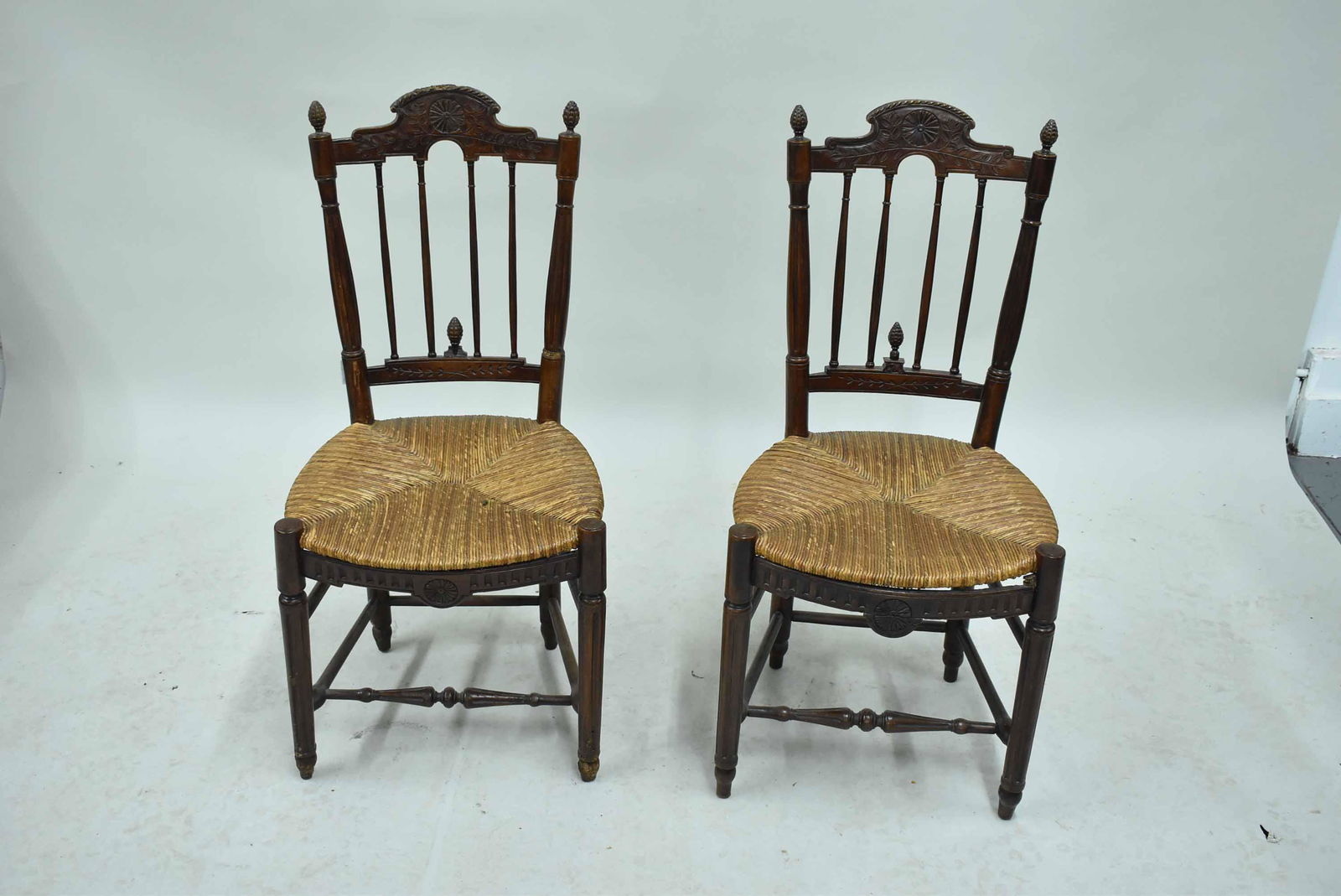 Pair of Carved Walnut Rush Seat Side Chairs (1 of 8)