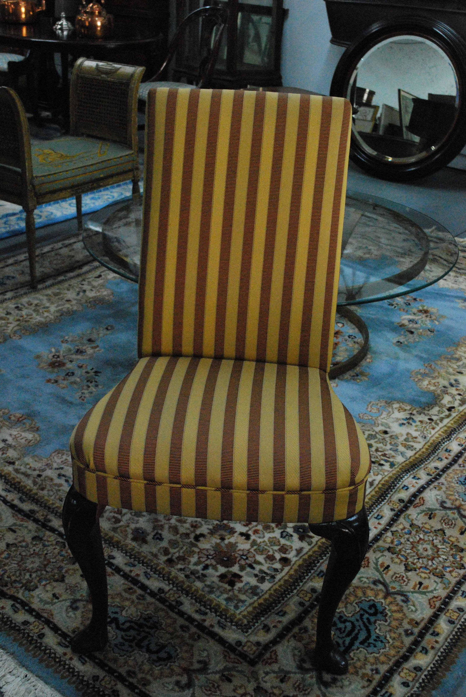 Antique Georgian Striped Upholstered Side Chair: Antique Georgian Striped Upholstered Side Chair. Used condition, missing blocks. 39" tall x 22" wide at front x 19" seat height