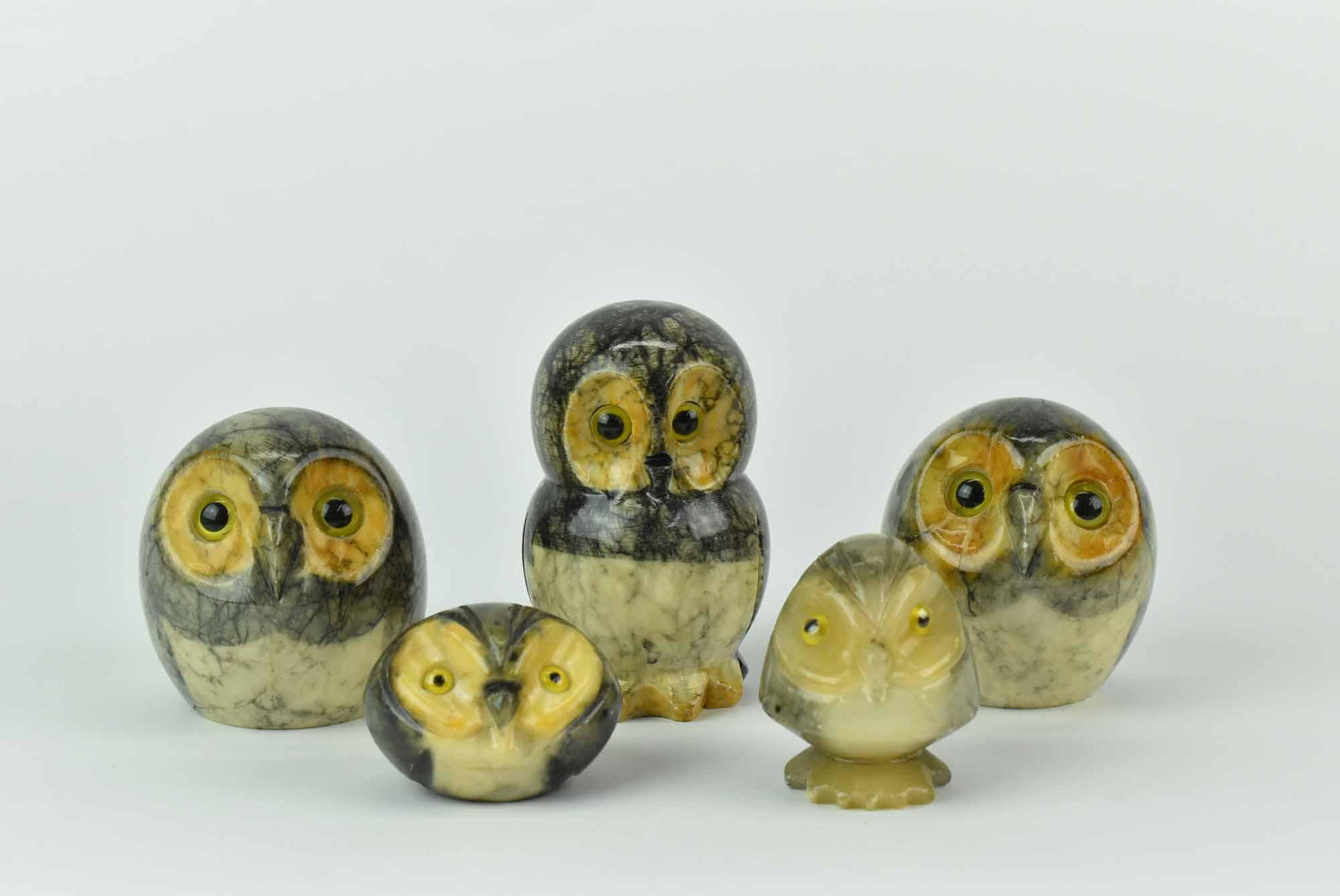 Five Italian Alabaster Carved Owls: Tallest 4"h Used Condition