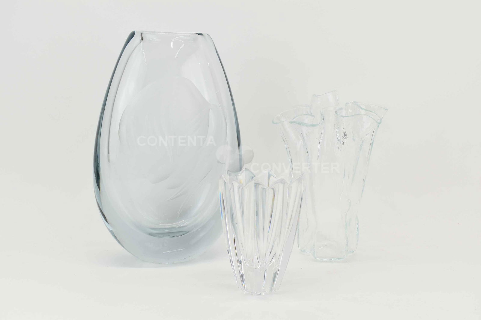 Strombergshyttan Sweden Etched Vase: Strombergshyttan Sweden Etched Vase with etched girl with ponytail, together with an Orrefor Sweden Vase and a ruffled free form handkerchief vase; used condition, wear/worn, scratching to bases, tall