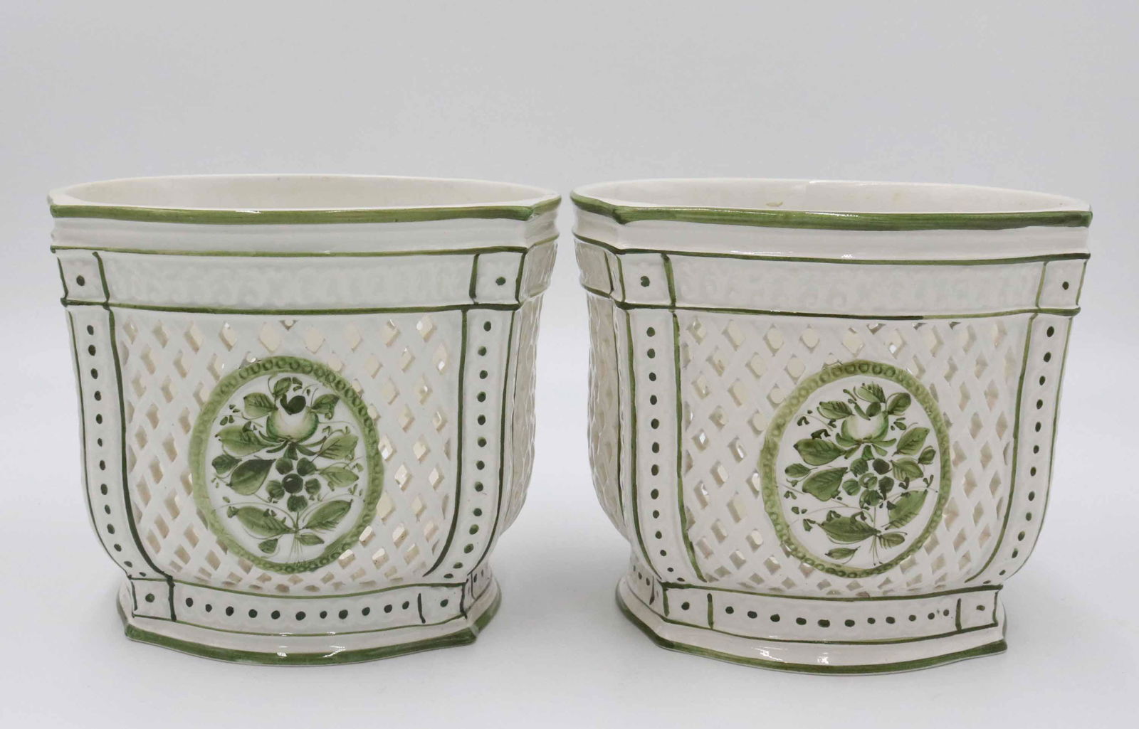 Pair of Italian Faience Reticulated Cache Pot (1 of 3)