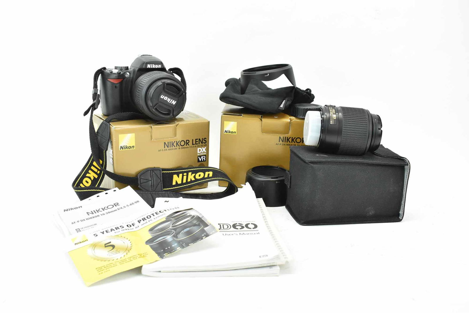 Nikon D60 Digital Camera: Nikon D60 Digital Camera with Nikon DX AF-S Nikkor 18-55mm Lens and a Nikon DX AF-S Nikkor 55-200mm Lens; used condition, wear/worn, unknown working condition