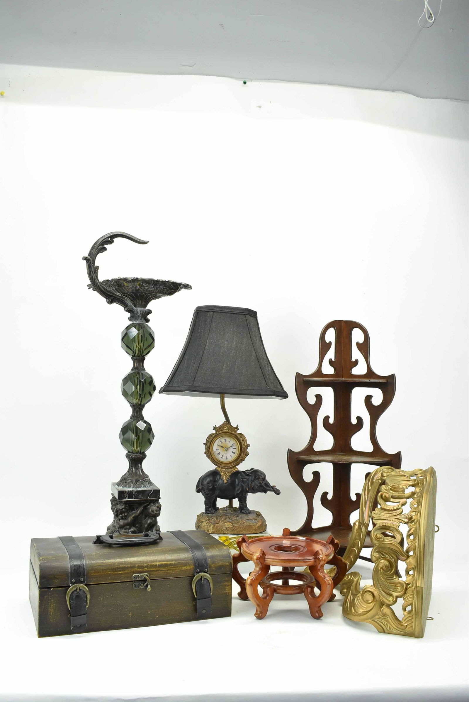 Delaconte Art Bronzed Composite Wall Hanging: Delaconte Art Bronzed Composite Wall Hanging depicting two winged griffins, together with a patinated Neoclassical stand, a document box with handle, a three-shelf corner display table shelf, an eleph