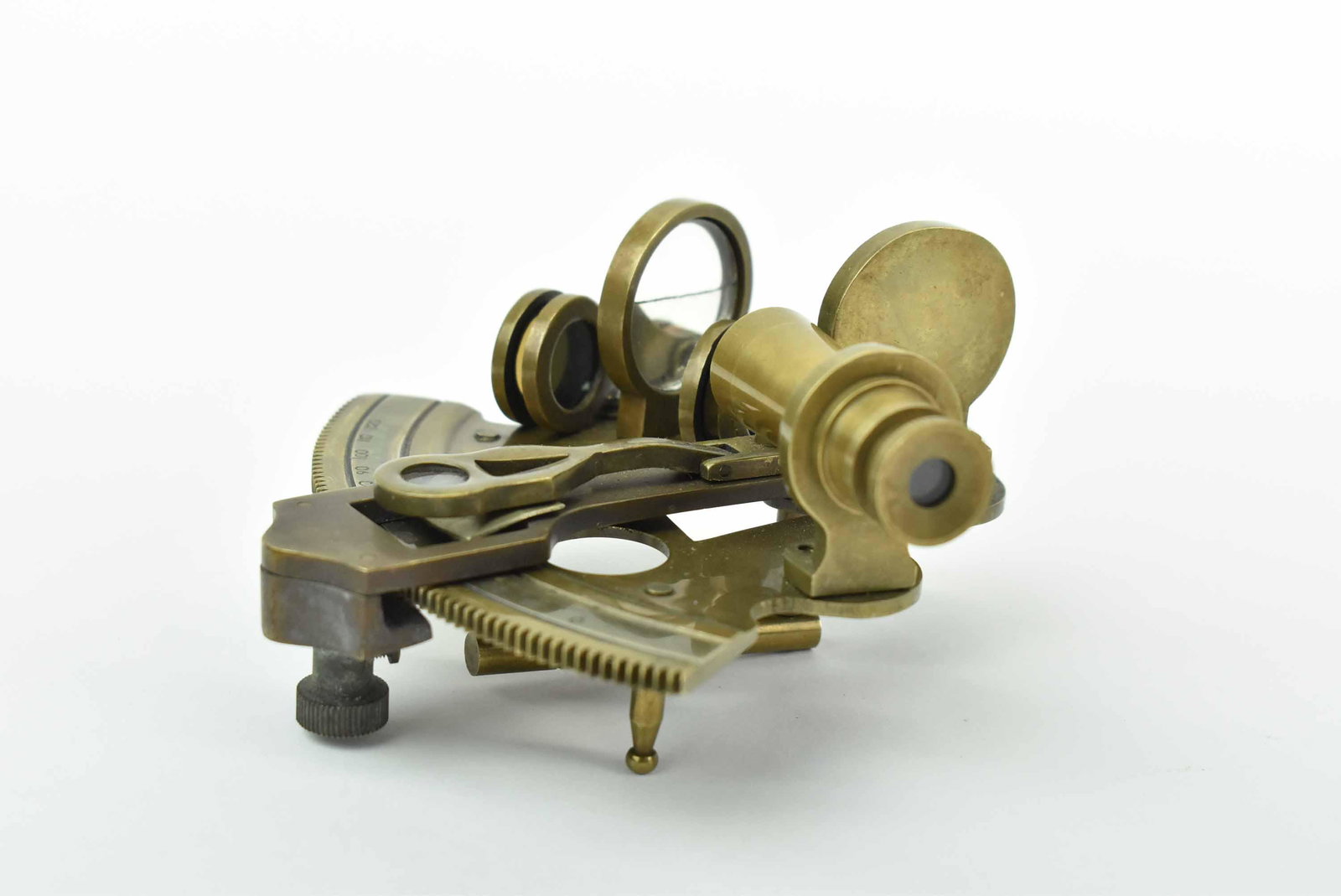 Brass Navigation Sextant: Brass Navigation Sextant, unmarked; used condition, wear/worn, measures 4" long x 4 1/2" x 2 1/8" high