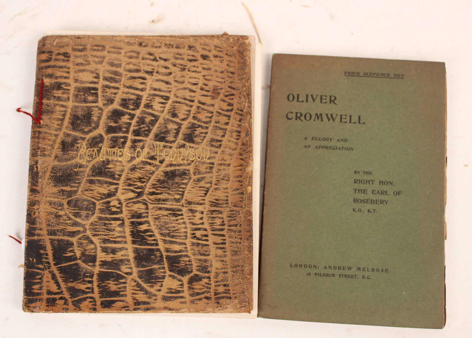 Two English Books: Comprising "Oliver Cromwell," by the Right Hon. The Earl of Roseberry, London, Andrew Melrose and "Beauties of Tennyson, 20 Illustrations by Frederick B. Schell, Poret and Coates, Philadelphia, 1885.
