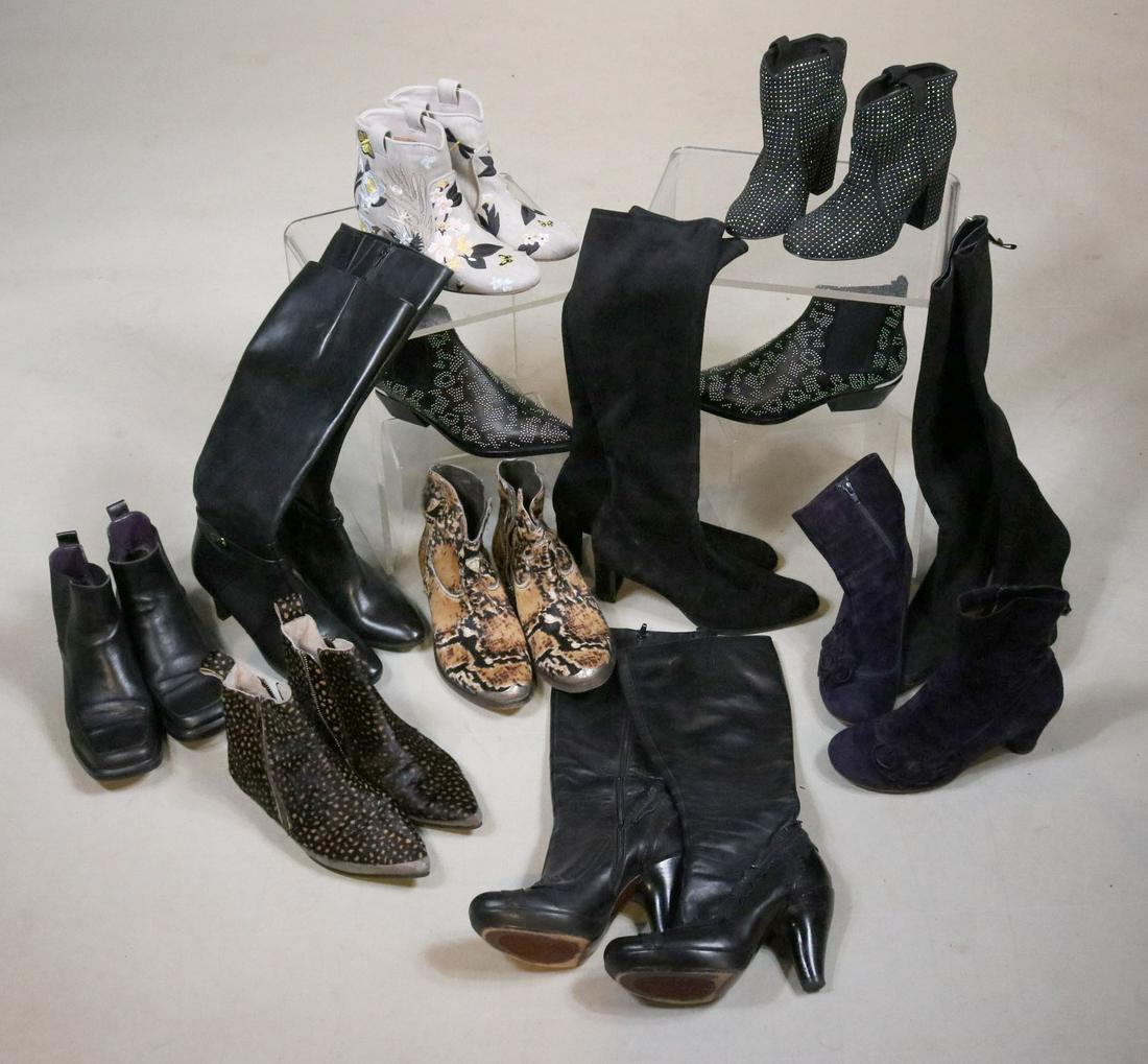 Eleven Pairs of Ladies Dress Boots: Including, Chie Mihara, Golden Goose, Rag and Bone, Laurence Dacade, Aerosoles, Ralph Lauren, Stuart Weitzman, and Kate Spade. Mostly 8 and 8.5. Wear, used condition. Property from a Short Hills, NJ a