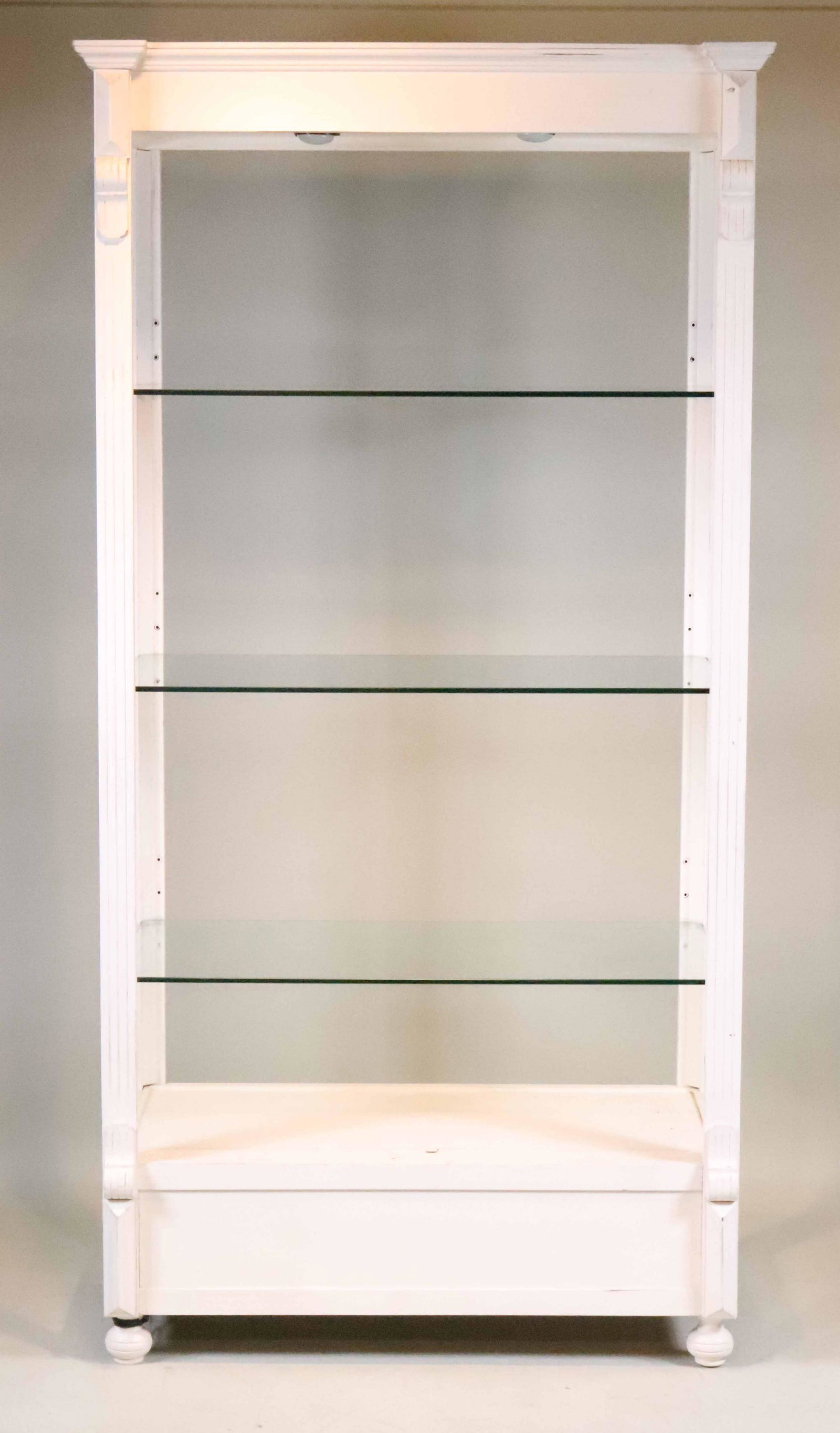 White-Painted Display Cabinet: Fitted with glass shelves and wired for electricity. Wear and losses. 7'6-1/4"h x 46"w x 22"d