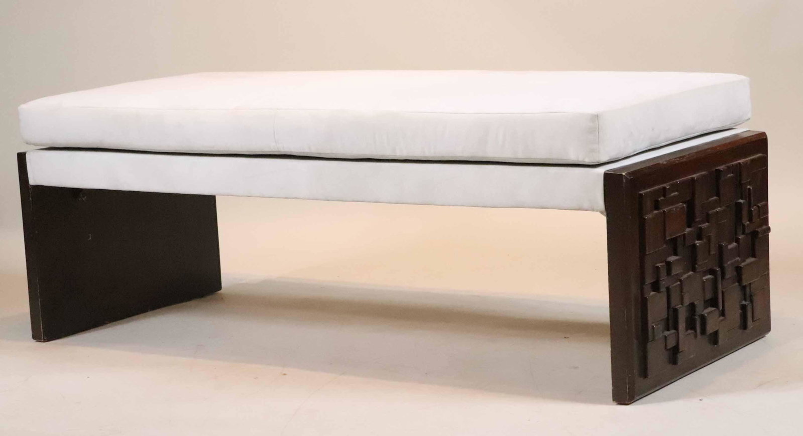 Modern Wood and Suede Upholstered Bench: 20th C. loose fit suede cushion. 19"h x 4'5"w x 21-3/4"d