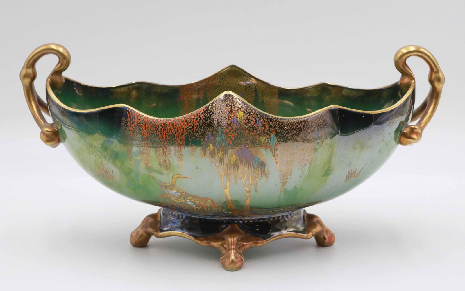 Carlton Ware Green Chinoiserie Center Bowl: Double handled. 5"h x 13"w Property from a Short Hills, NJ and San Francisco, CA Private Collection