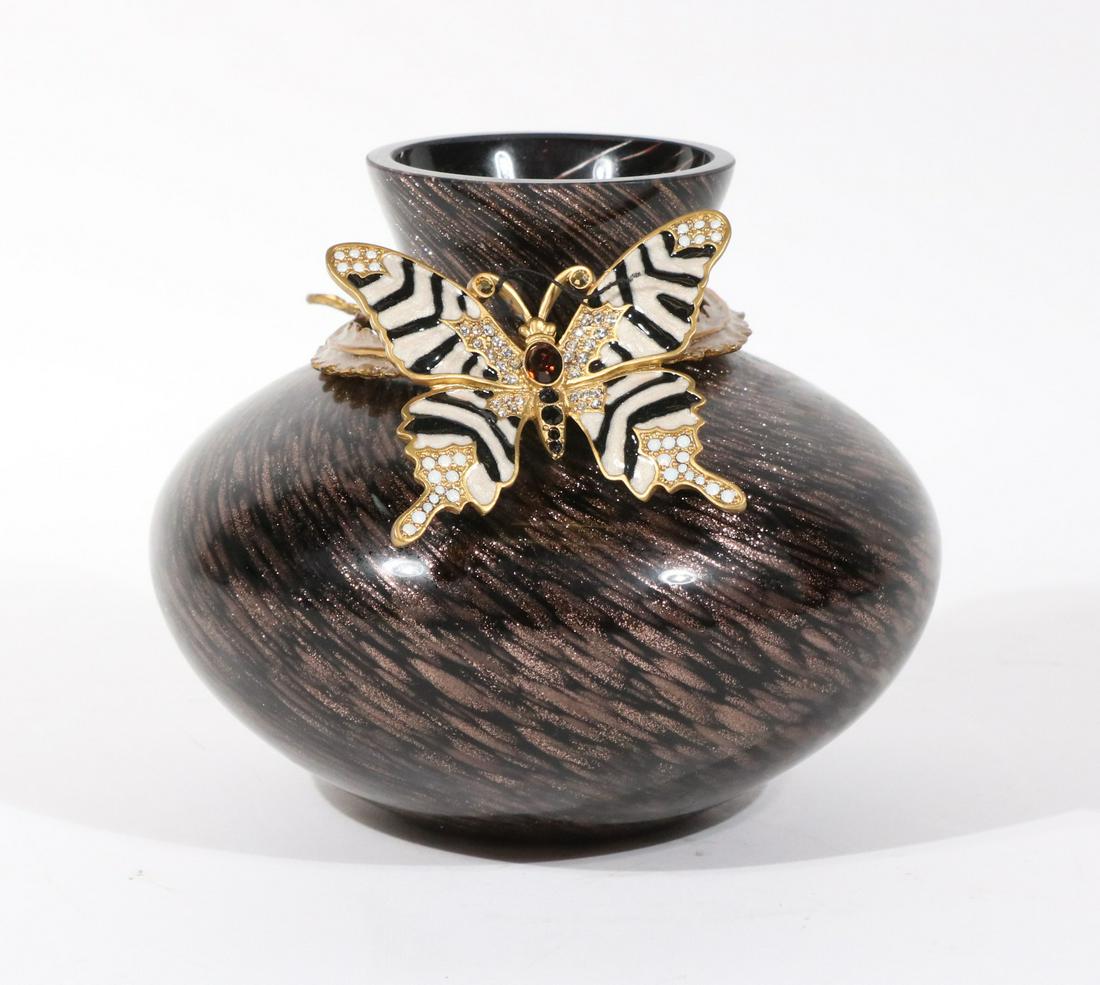 Jay Strongwater Glass Vase and Butterfly Enhancer: Marked on enamel and crystal butterfly. 5"h x 6"dia. Property from a Short Hills, NJ and San Francisco, CA Private Collection