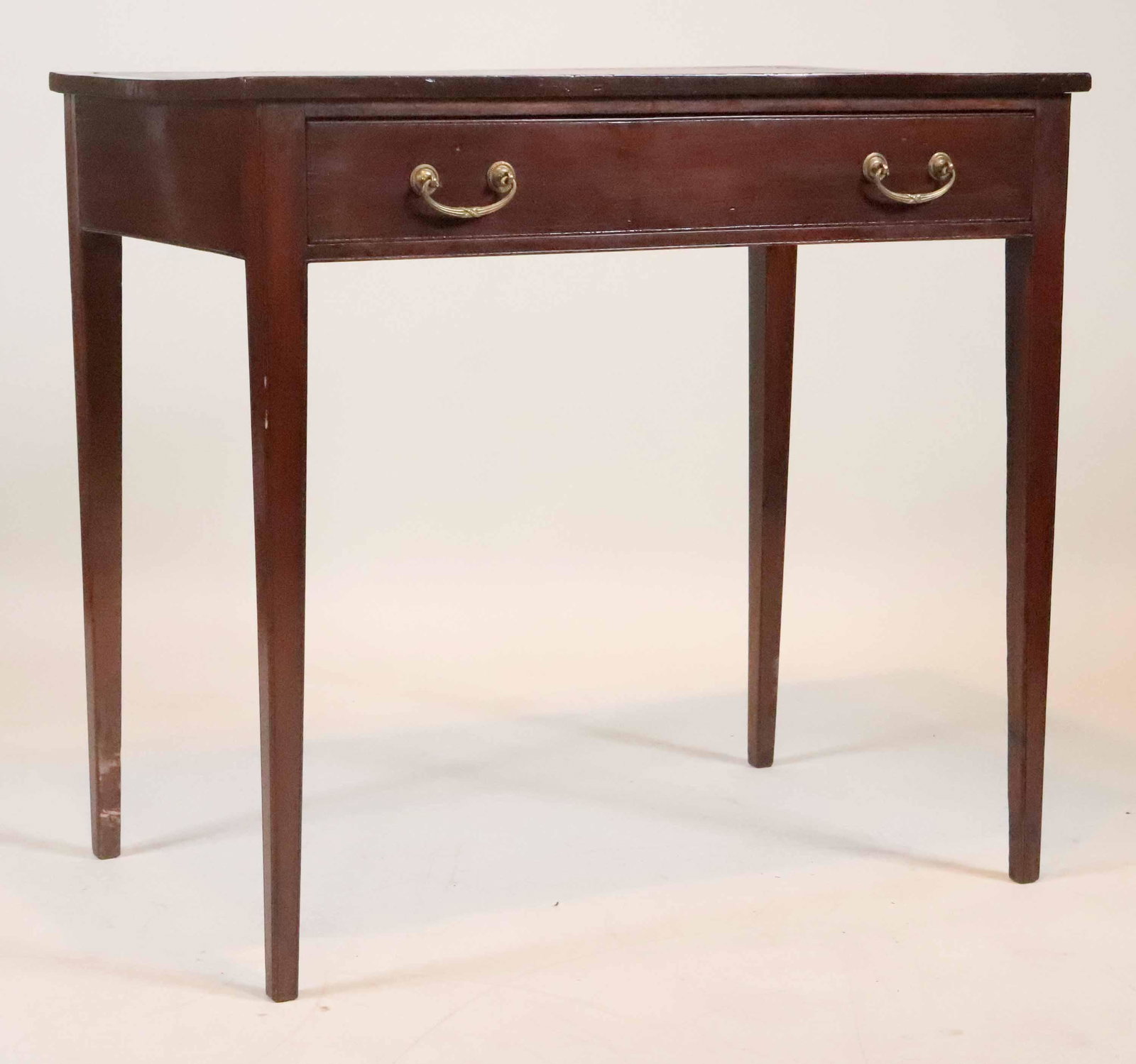George III Style Leather-Inset Mahogany Table: 20th C. Surface distress and wear. 30"h x 32"w x 21-1/2"d