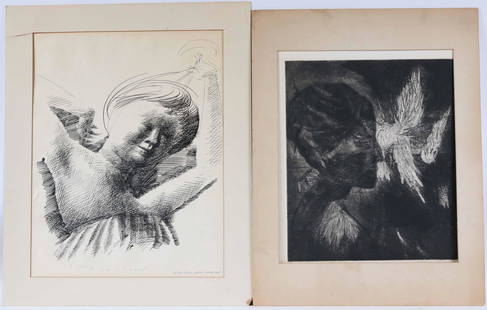 Emilio Greco, Lithograph, Angelic Figure: (Italian, 1913-1995) signed in pencil "9/150 Emilio Greco-Roma 1955". Together with an etching by Chaim Koppleman, titled "Wings of the Dove" signed in pencil, both unframed. 2 pieces Sight sizes: 18-