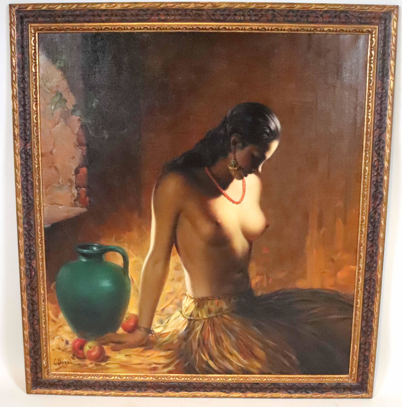 Jeanne-Louise Boni, Oil on Canvas, Seated Woman: (French, b. 1919) signed l.l. "L. Boni" depicting a Middle Eastern woman, partially nude. Sight size: 43"h x 39"w Overall: 4'2-1/2"h x 46-1/2"w