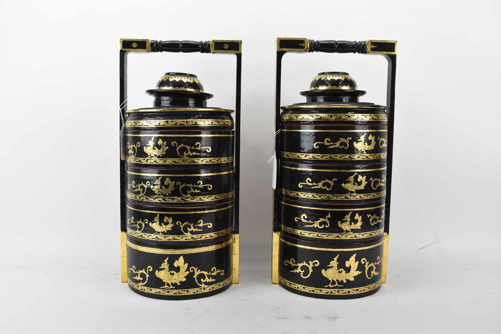 Pair Chinese Black & Gold Lacquer Stacking Boxes (1 of 4)