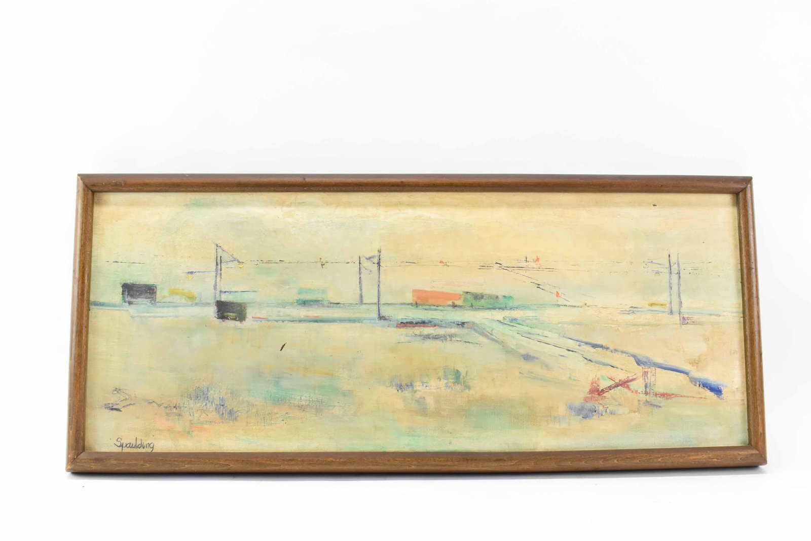 Abstract Oil on Canvas of Rail Yard: Abstract Oil on Canvas of Rail Yard signed lower left Spaulding. Used condition, wear, worn, dent, cracking, pin hole. Frame size 31 1/2" x 13 1/2"
