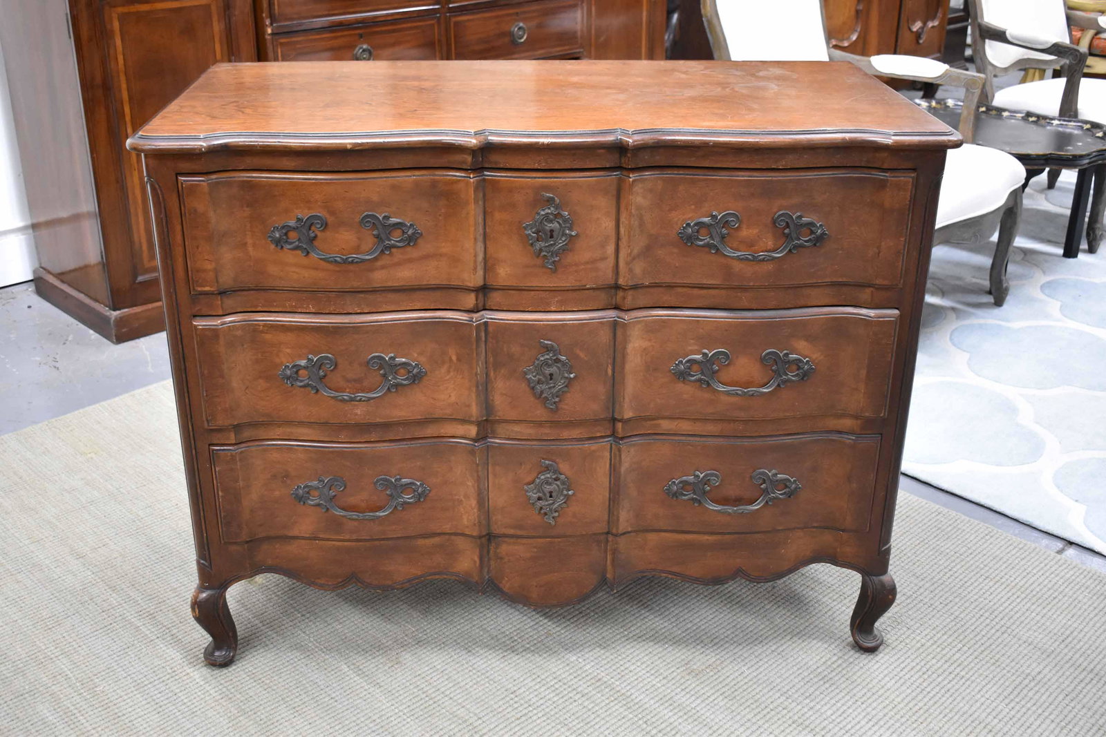 Provincial Style Hardwood Chest of Drawers: Provincial Style Hardwood Chest of Drawers having 3 drawers with faux metal escutcheons; used condition, wear/worn, measures 35" tall x 22" deep x 46" long