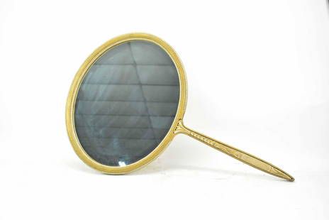 Large Gilt Decorated Hand-Held Wall Mirror: Large Gilt Decorated 'Hand-Held' Hanging Wall Mirror with beaded details; used condition, wear/worn, chips, measures 34 1/4" long x 21 1/4" wide x 1 1/2" deep