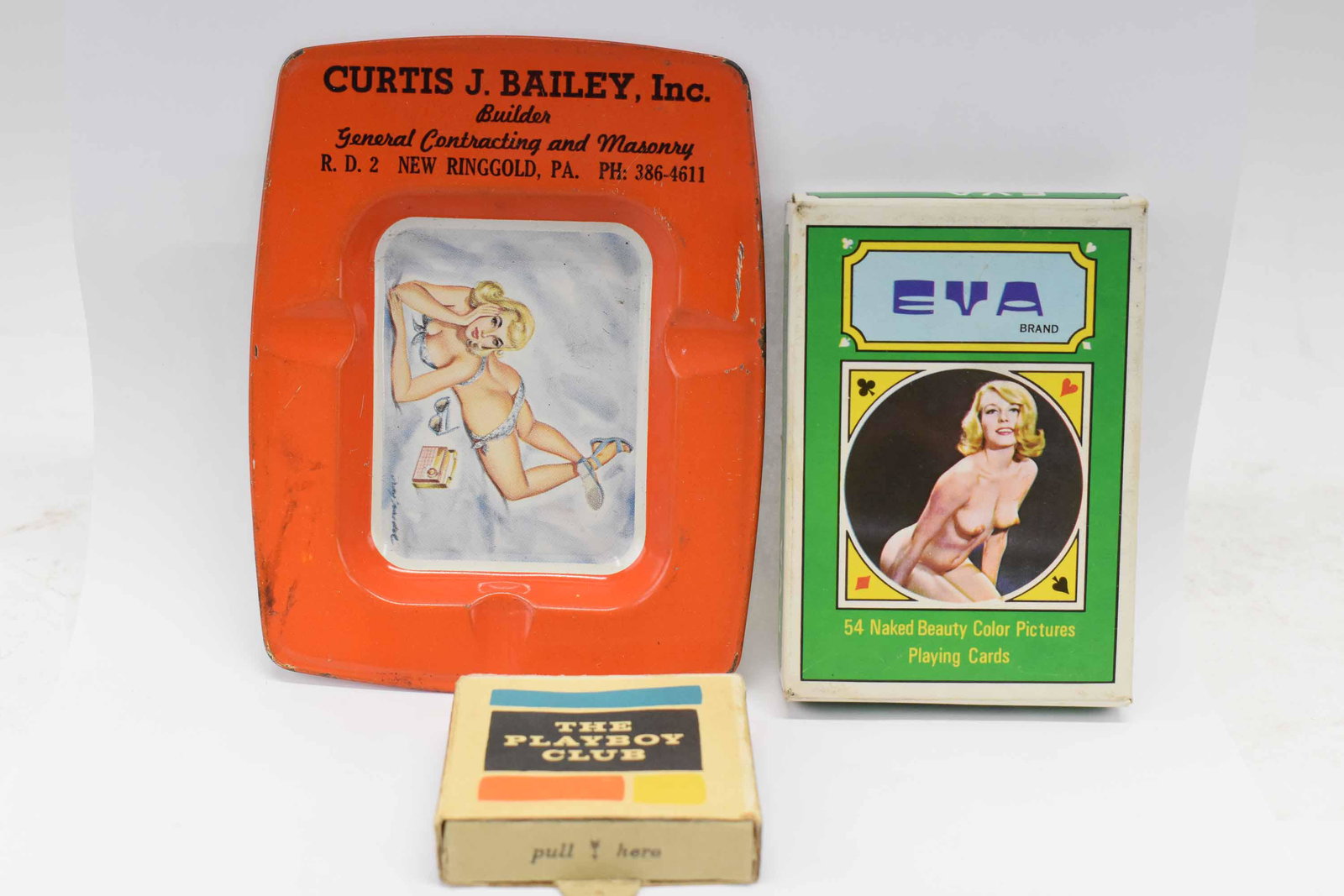 Vintage EVA 54 Nude Beauty Playing Cards: EVA 54 Nude Beauty Playing Cards. Together with a Curtis J. Bailey Inc New Ringgold Pa. Ashtray and a Playboy Club Match Book. Used condition.