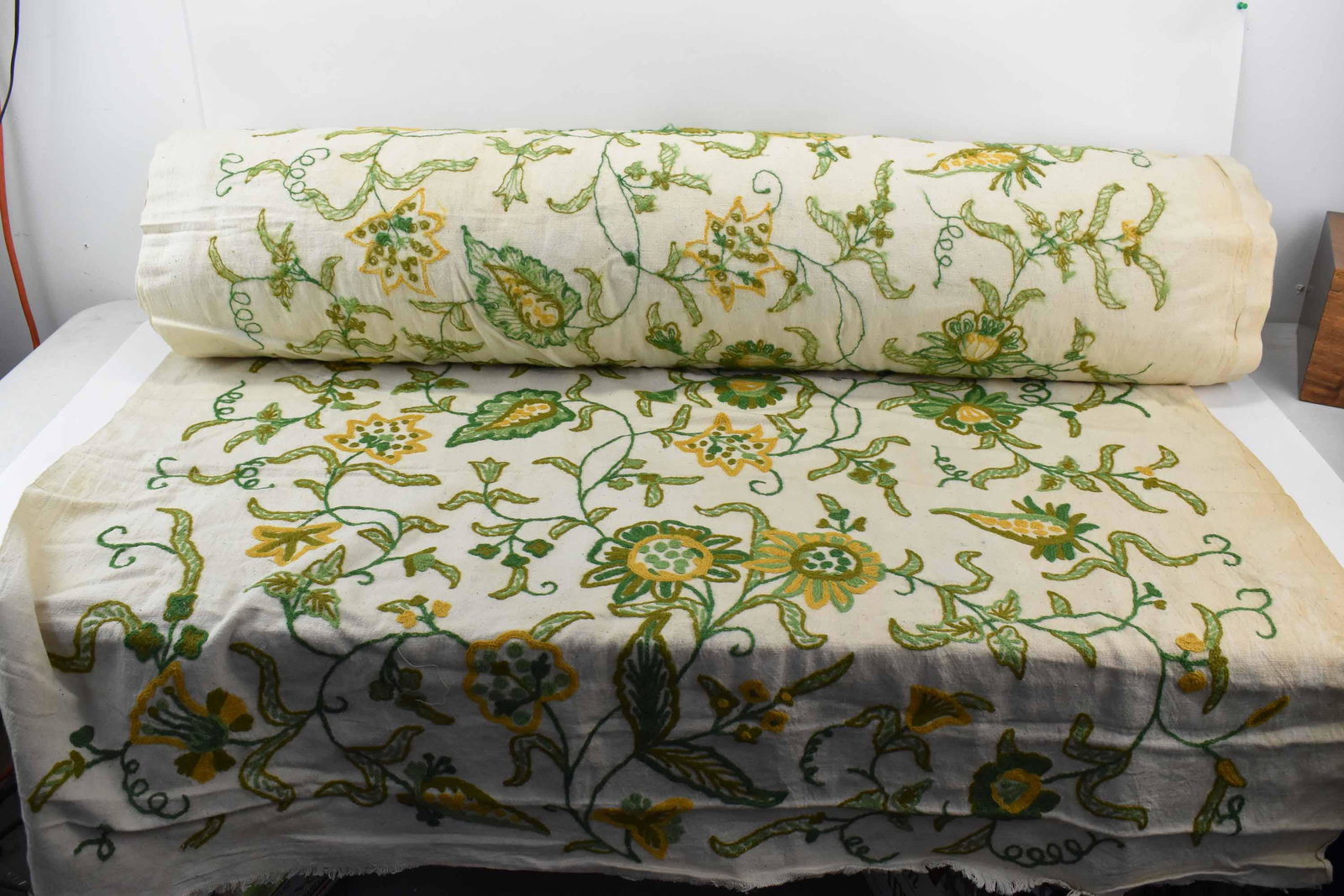39 yds Green & Yellow Crewel Embroidered Fabric (1 of 4)