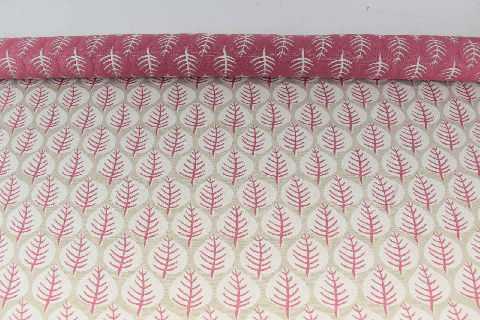Cowtan & Tout Jane Churchill Woven Fabric: Cowtan & Tout /Jane Churchill Woven Fabric having white and pink leaf pattern; measures approx 2 yards long x 55 3/4" wide