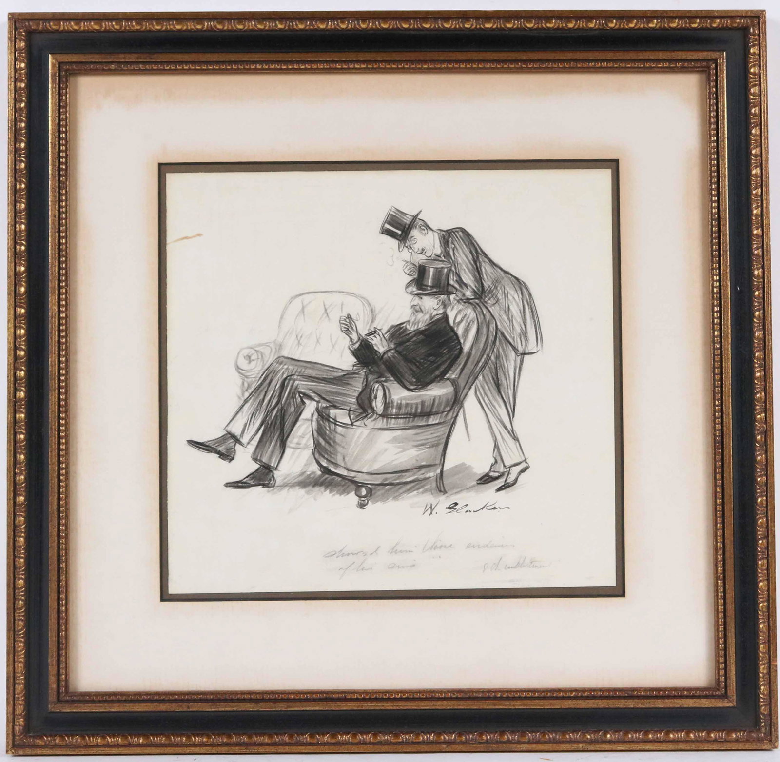 William Glackens, Ink on Paper, Two Men & Chairs: (American, 1870-1938) depicting one seated man with one looking over his shoulder. Signed l.r. in ink "W. Glackens" and inscribed in pencil along bottom edge illegibly. Sight size: 10-3/4"h x 11-1/4"w