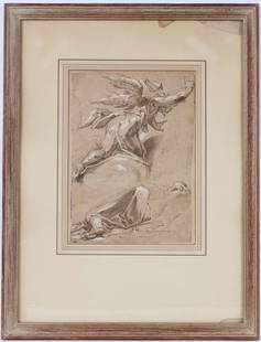 Old Master, Pen, Ink & Wash, The Avenging Angel: Followers of Abraham Bloemaert (1566-1651) pen and brown ink, brown wash, heightened with white. Sight size: 11"h x 7-7/8"w Overall: 21-5/8"h x 16-1/8"w Provenance: Collection Joseph van Haechen (Lugt