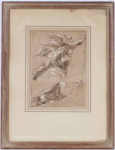 Old Master, Pen, Ink & Wash, The Avenging Angel: Followers of Abraham Bloemaert (1566-1651) pen and brown ink, brown wash, heightened with white. Sight size: 11"h x 7-7/8"w Overall: 21-5/8"h x 16-1/8"w Provenance: Collection Joseph van Haechen (Lugt