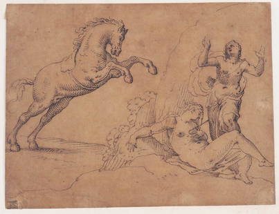 Pen & Ink on Brown Paper, Cephalus & Procris: Netherlandish School, c. 1600. 5-7/8"h x 7-5/8"w Provenance: Paul Sandby (1725-1809), London, (L. 2112) Schaeffer Galleries, New York