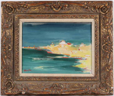 Mordechai Avniel, Oil on Board, Beach Scene: (Israeli, 1900-1989) beach scene with distant city. Sight size: 11-1/2"h x 15-1/2"w Overall: 20-1/2"h x 25-1/2"w