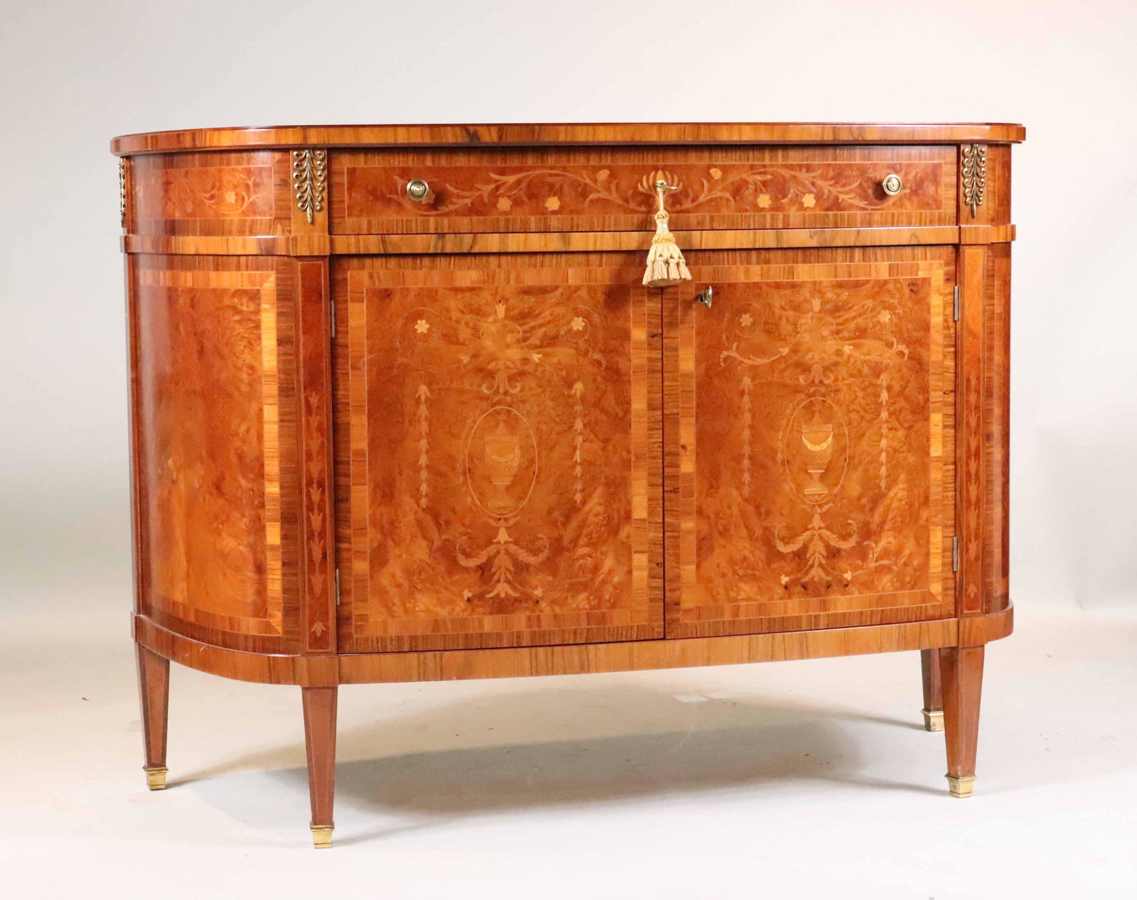 George III Style Inlaid Bowfront Cabinet: Stamped Maggiallini Collection/Italy. Scratches to top. 40"h x 4'8"w x 22"d