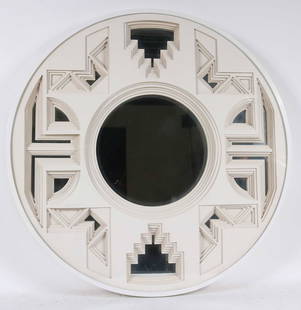 Greg Copeland White Op Art Circular Mirror: With six layer geometric pierced board design, signed by Copeland, c. 1970. 30-1/2"dia. Provenance: Nathan Egan Interiors, $3328.