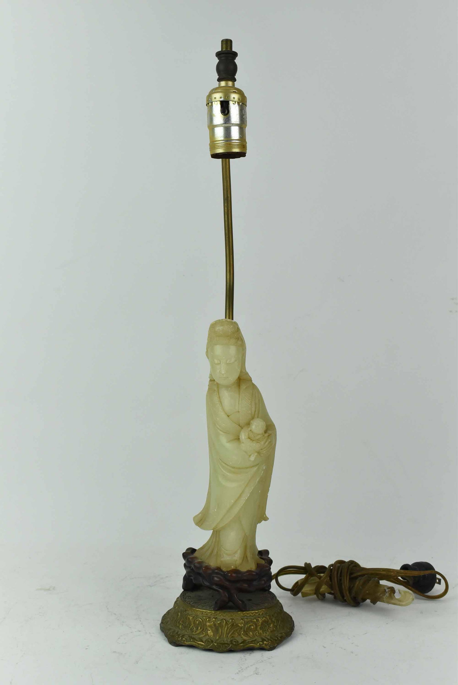 Carved Soapstone Geisha and Baby Figural Lamp: Carved Soapstone Geisha and Baby Figural table lamp, mounted on carved wood and metal base; used condition, wear/worn, repair to head chips, unknown working condition, measures 20 1/2" high x 5" long 