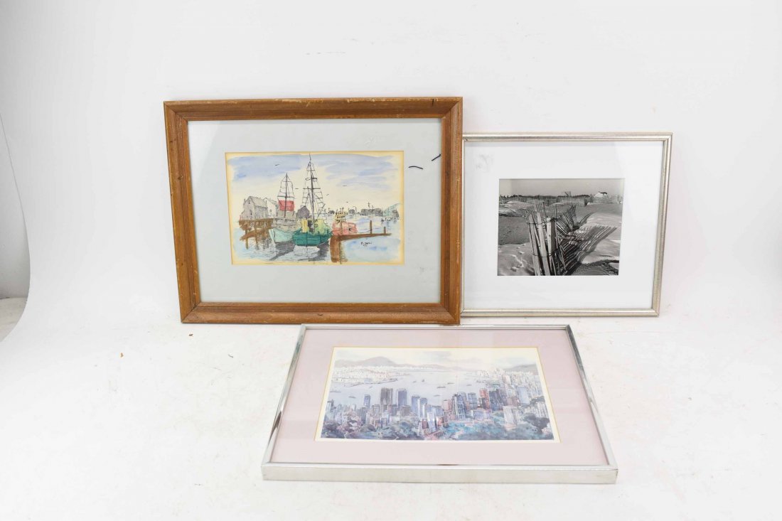 Watercolor and Ink Harbor Scene Signed (1 of 4)