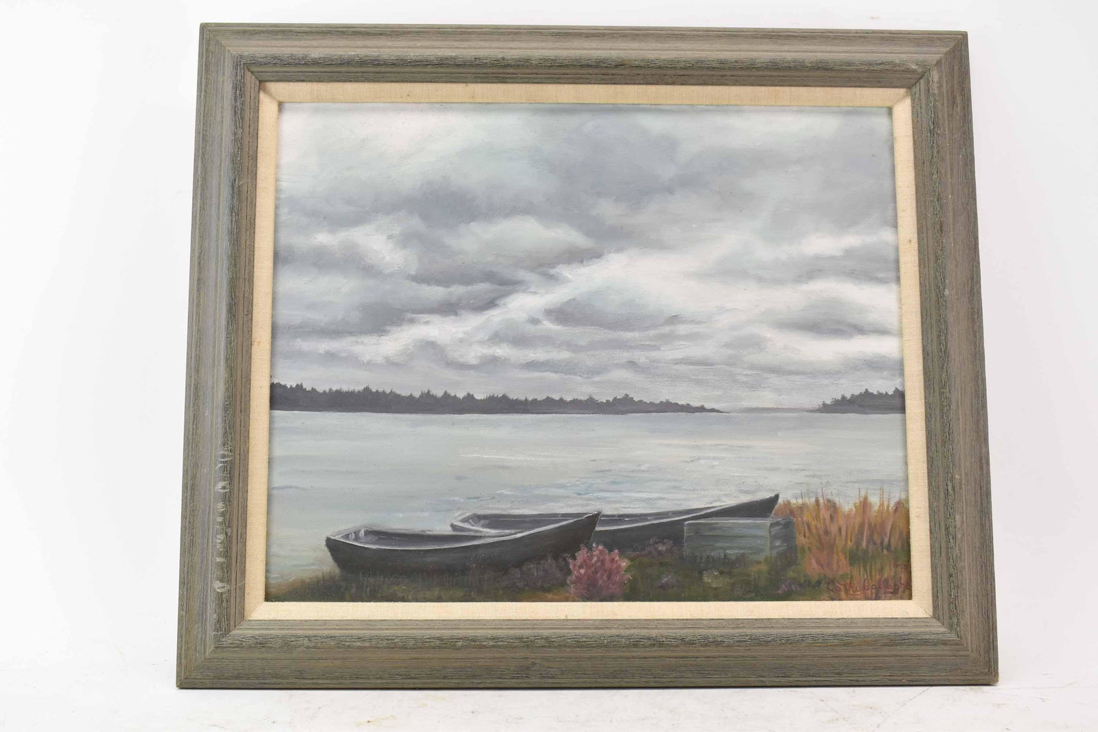 Signed Oil on Canvas Row Boats: Signed Oil on Canvas depicting Row Boats on lake, signed lower right Cathe Gallagher '79; used condition, wear/worn, frame size measures 24 1/4" wide x 20 1/2" high