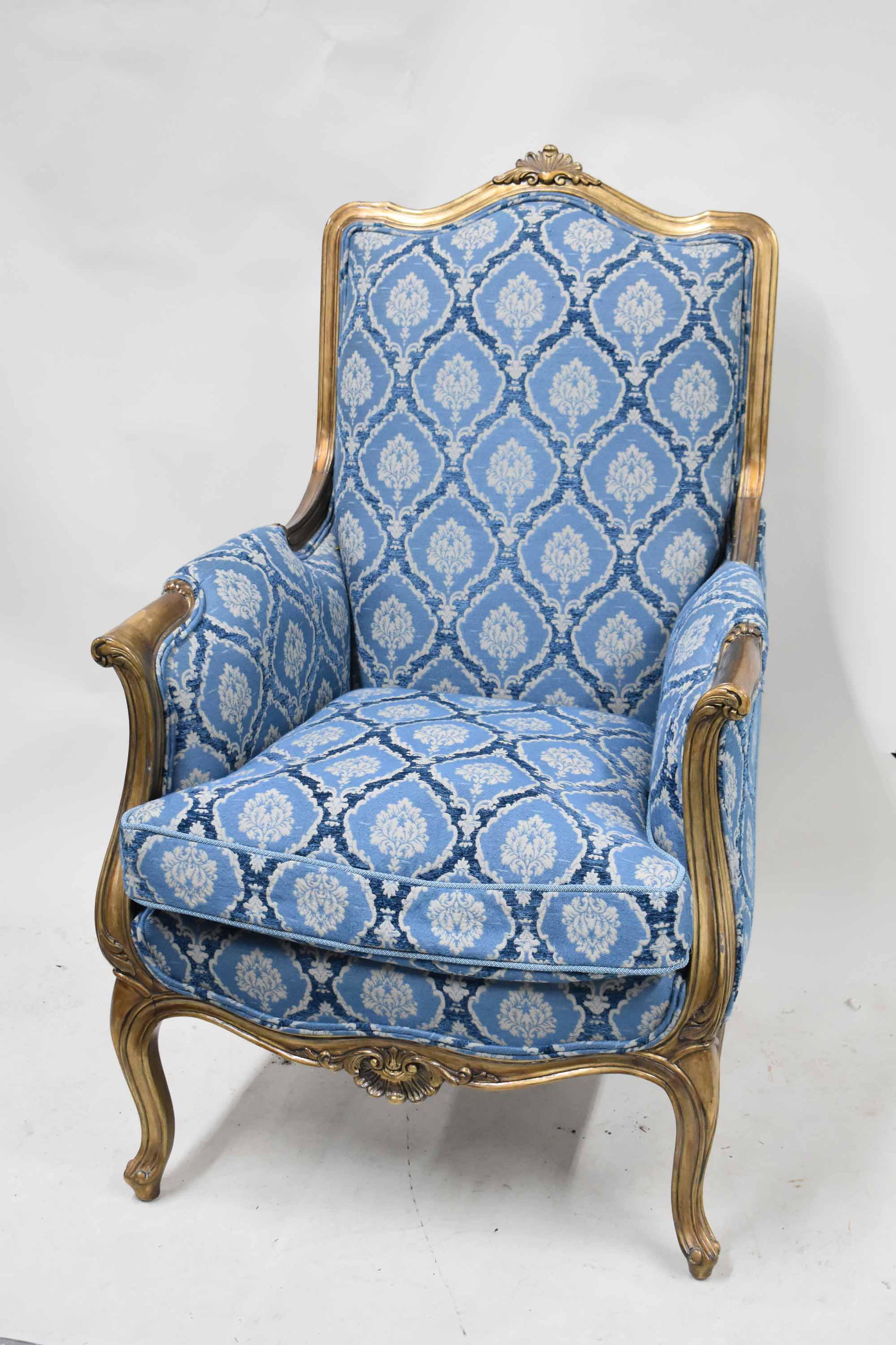 Louis XVI Style Safavieh Bergere Chair: Louis XVI Style Safavieh Bergere Chair. Used condition, 41 1/2" tall x 26 1/2" wide x 29" deep with seat height 19 1/2"