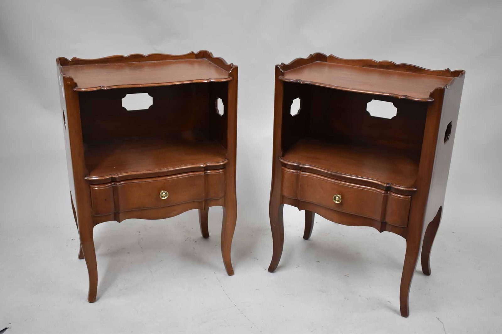 Pair of Provincial Style 1 Drawer Bedside Tables: Wear. 28"h x 19"w x 13"d