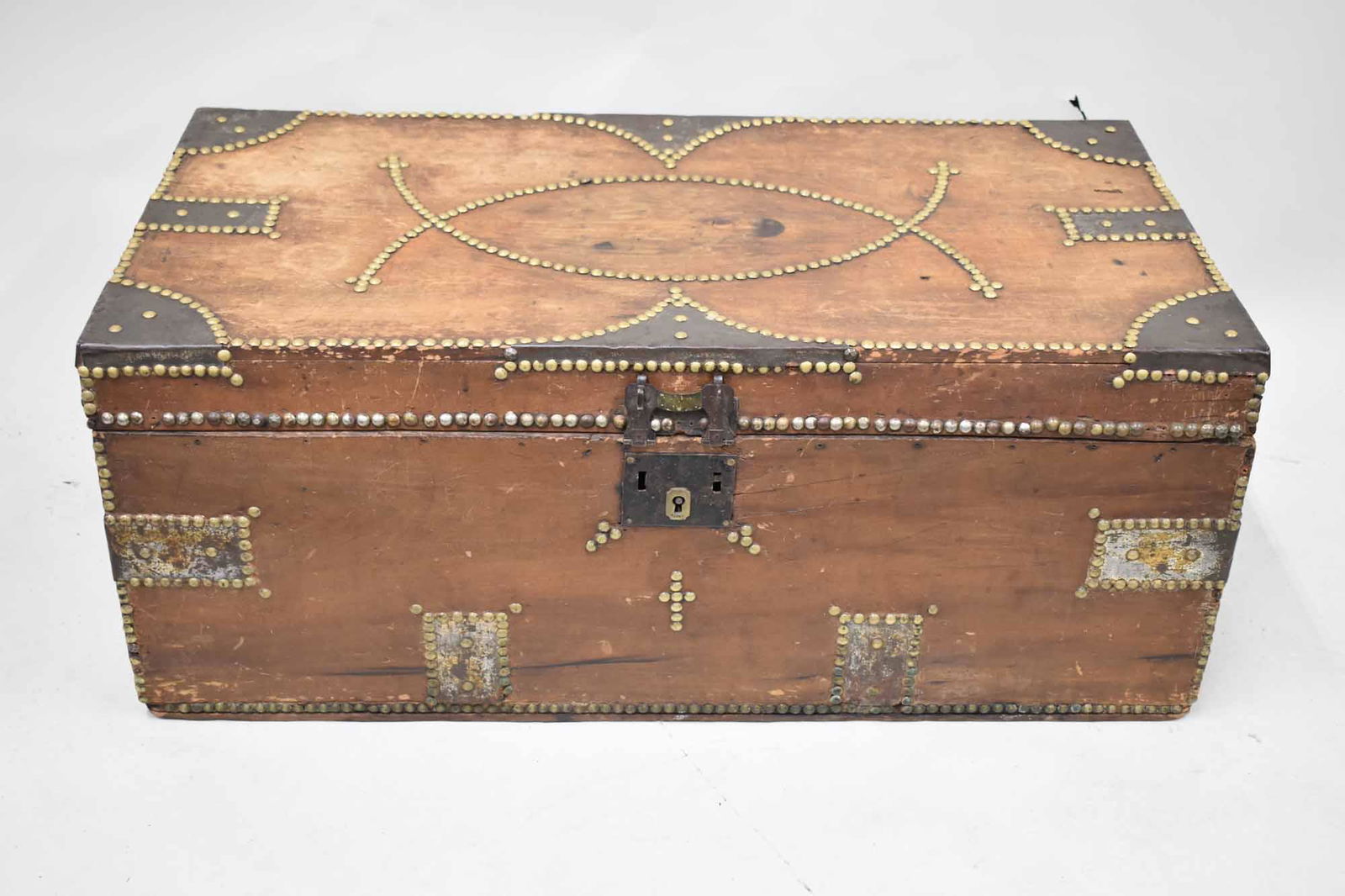 Antique Wooden Brass Tack Decorated Trunk (1 of 7)