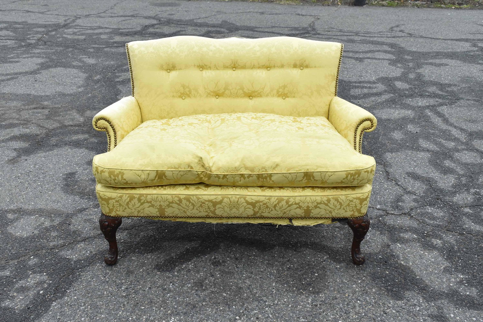 Georgian Style Yellow Damask Settee: Georgian Style Yellow Damask Settee; used condition, wear/worn, fading, measures 51" long x 36 1/2" tall x 31" deep