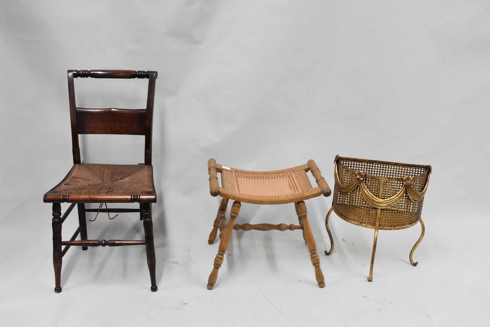 Caned Oak Stool, Chair and Metal Magazine Rack: Losses and breaks.