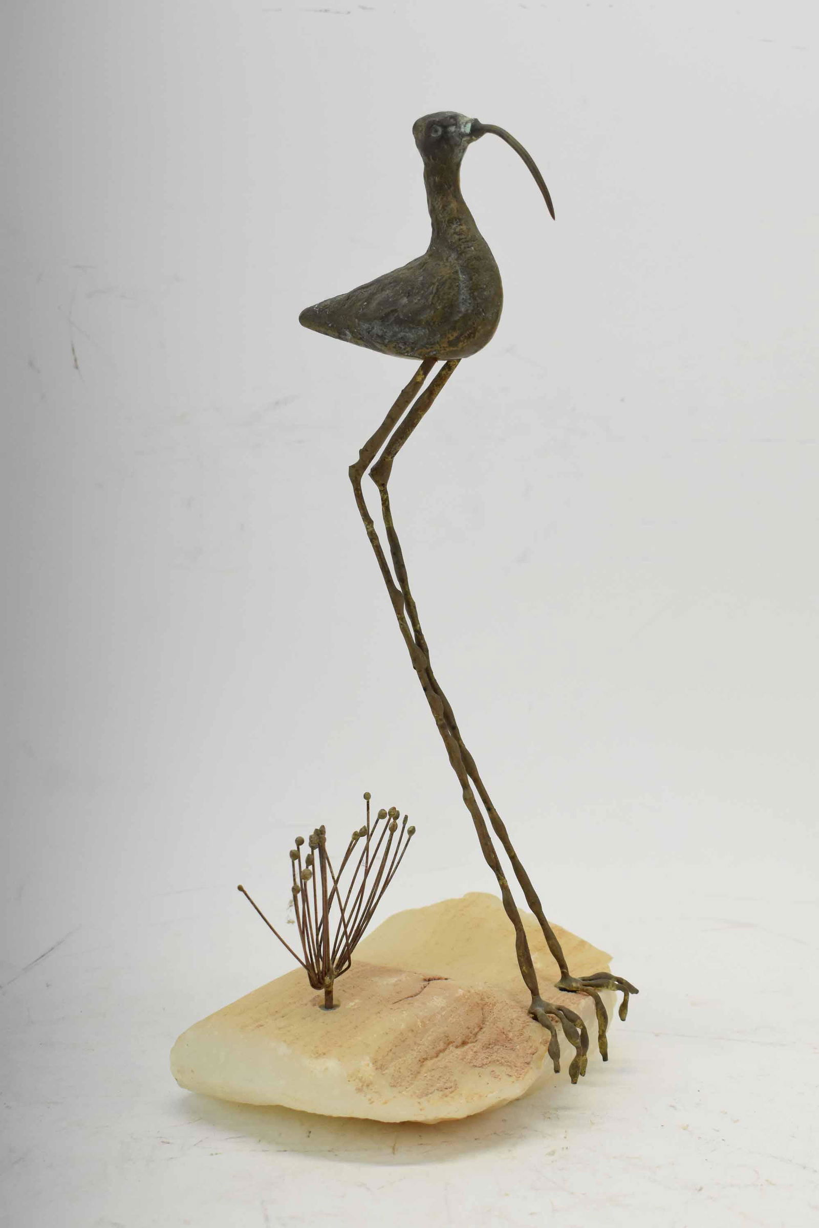 Curtis Jere Signed Bronze Sandpiper: Curtis Jere Signed Bronze Sandpiper mounted on stone, signed C. Jere '68; used condition, wear/worn, crack to base, in need of cleaning, measures 11 1/2" high x 5" wide x 4" deep