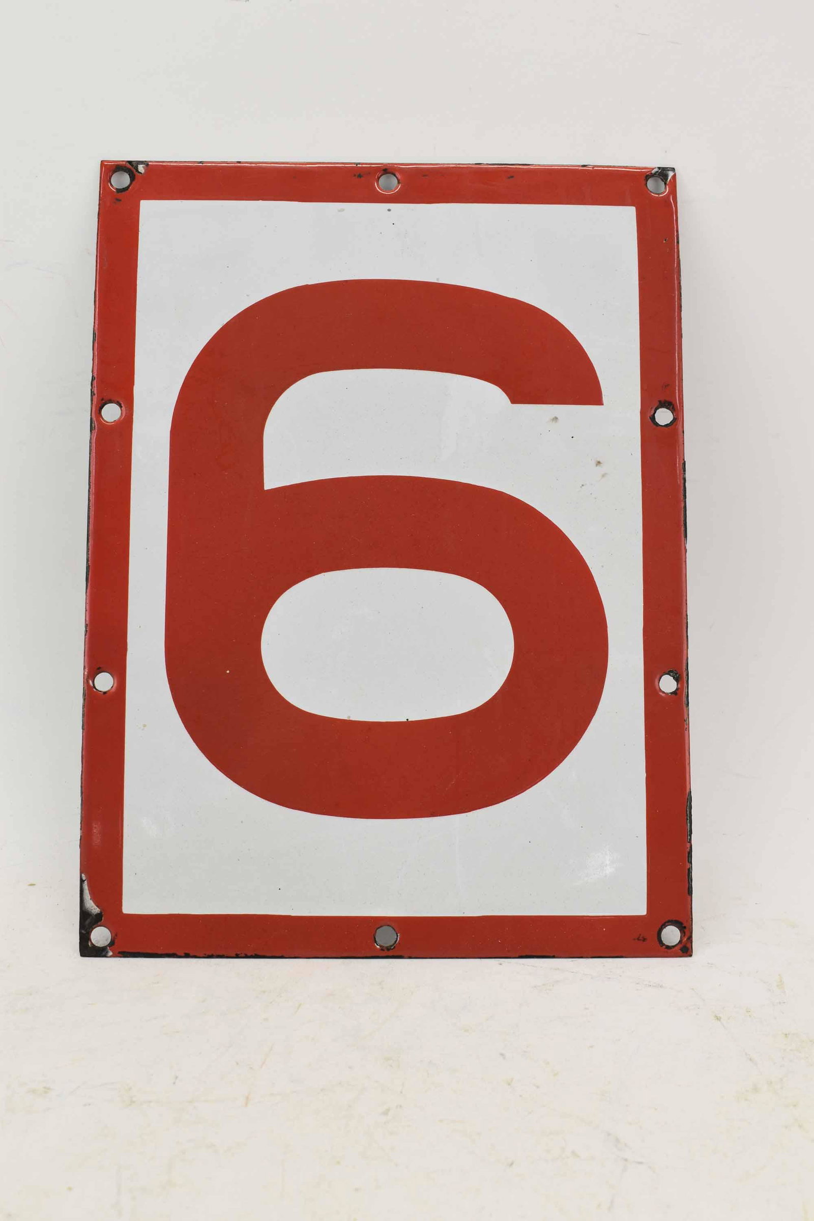 Red & White Number 6 Porcelain Enameled Sign: Red & White Number 6 Porcelain Enameled Sign, or 9; used condition, wear/worn, minor losses, measures 12" x 9"